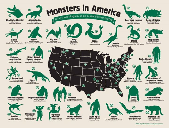 Monsters in America map of cryptozoological animas in the United States of America USA bigfoot chupacabra yeti abominable snowman